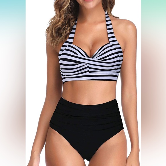 Tempt Me 2 Piece Vintage Swimsuit Retro Halter Ruched High Waist Bikini & Bottom - Picture 1 of 7